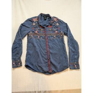 Desigual Blue Embroidered Long Sleeve Button Up‎ Shirt Womens Size S